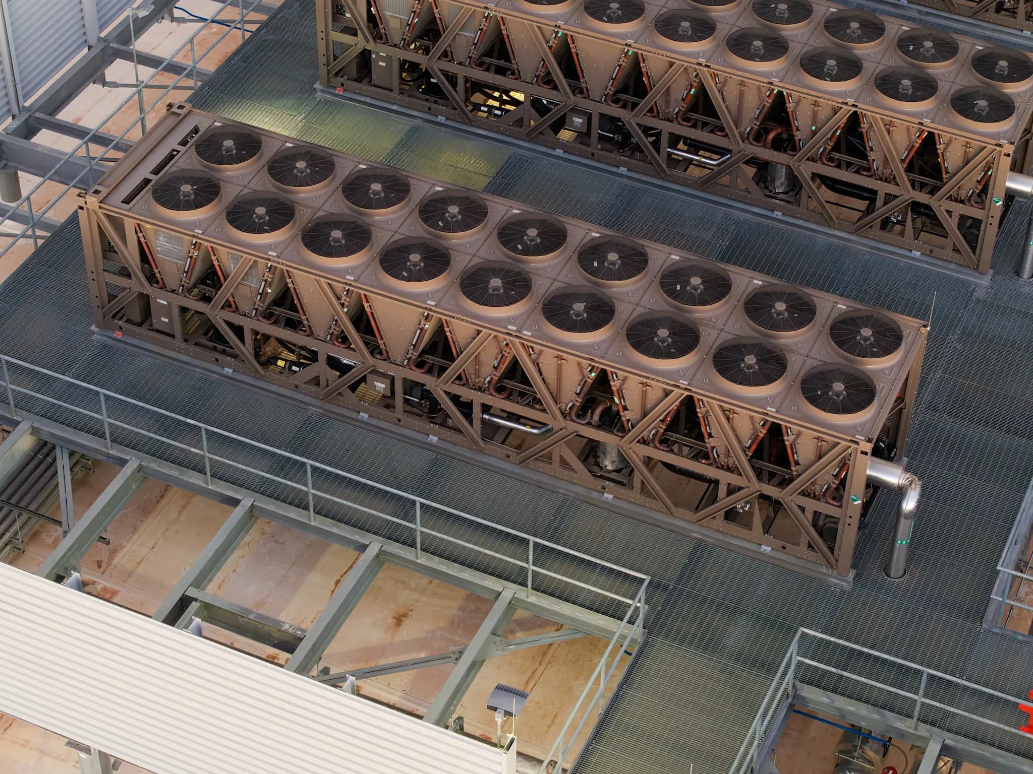 Rows of cooling fans on the roof of a data center.