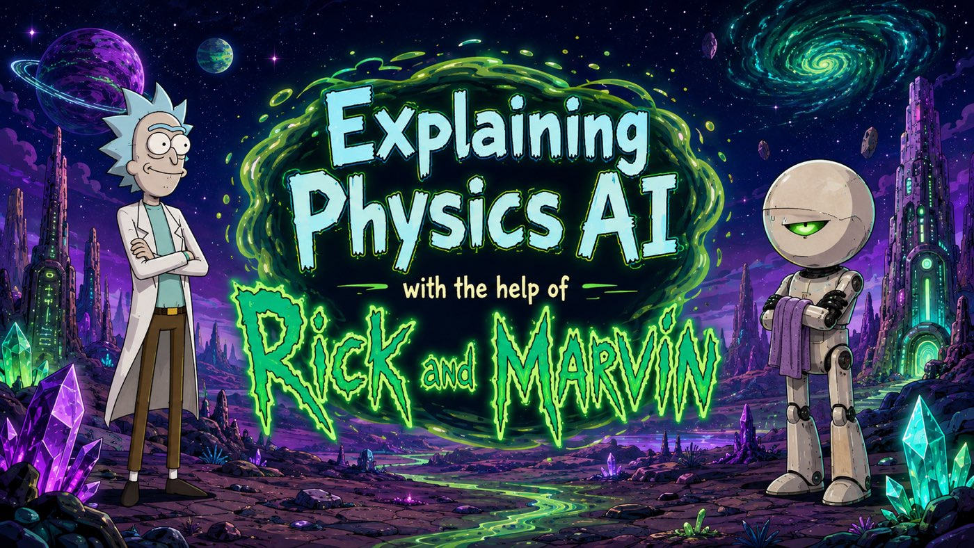 Comic banner: Rick and Marvin stand on a neon alien landscape beneath the title "Explaining Physics AI with the help of Rick and Marvin".