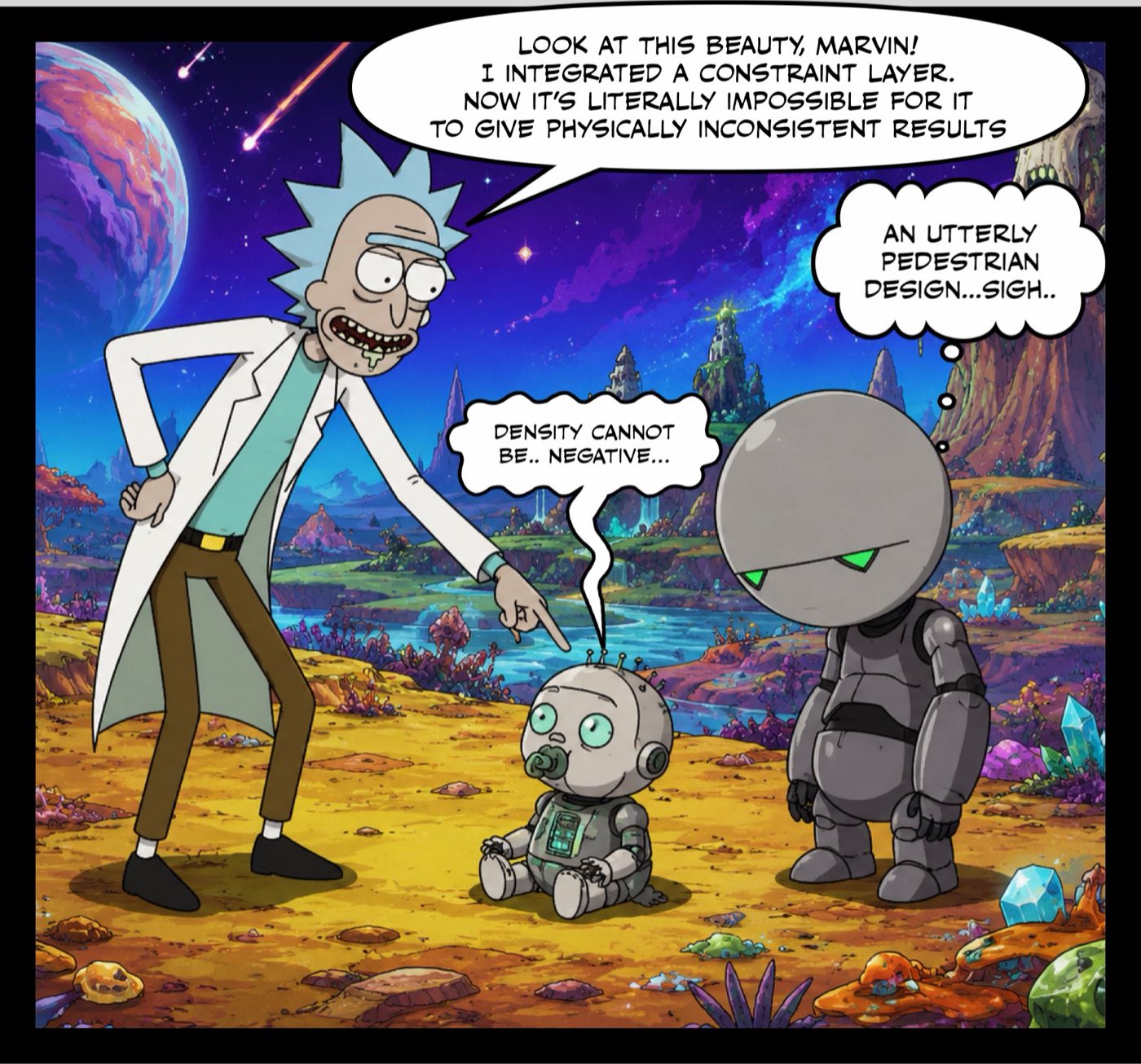 Comic panel: Rick points at a baby robot saying "density cannot be.. negative..." and boasts "I integrated a constraint layer. Now it's literally impossible for it to give physically inconsistent results." Marvin thinks: "an utterly pedestrian design...sigh.."