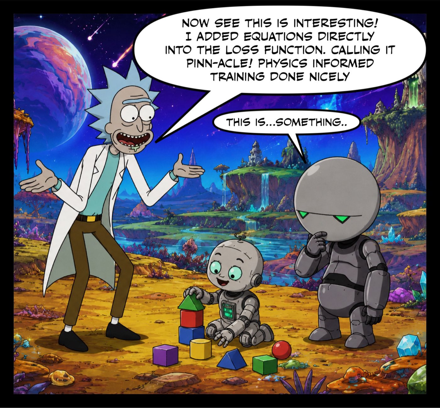 Comic panel: Rick, arms spread, announces "I added equations directly into the loss function. Calling it PINN-acle! Physics informed training done nicely." Marvin replies flatly: "This is...something.."