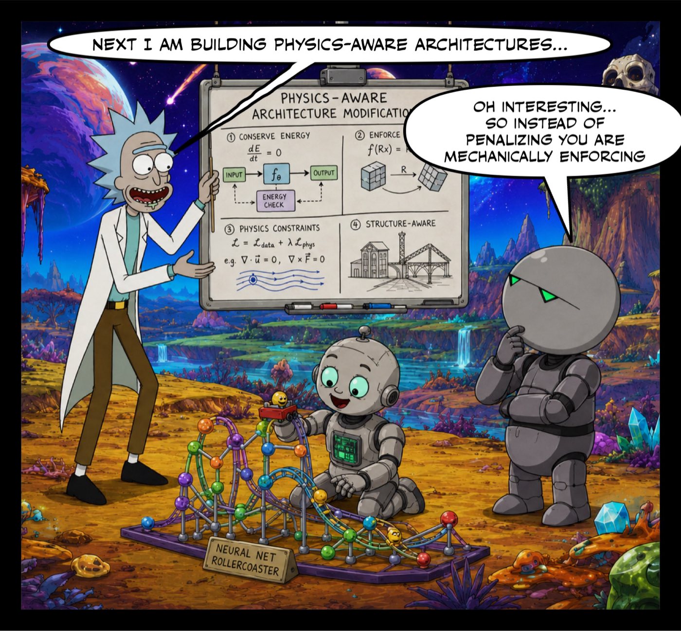 Comic panel: Rick presents a whiteboard titled "Physics-aware architecture modifications" listing energy conservation, equivariance, physics constraints and structure-aware design. Marvin observes: "Oh interesting... so instead of penalizing you are mechanically enforcing."