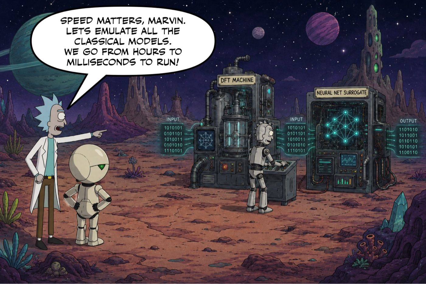 Comic panel: Rick gestures at a "DFT machine" feeding a "neural net surrogate" and says "Speed matters, Marvin. Let's emulate all the classical models. We go from hours to milliseconds to run!"