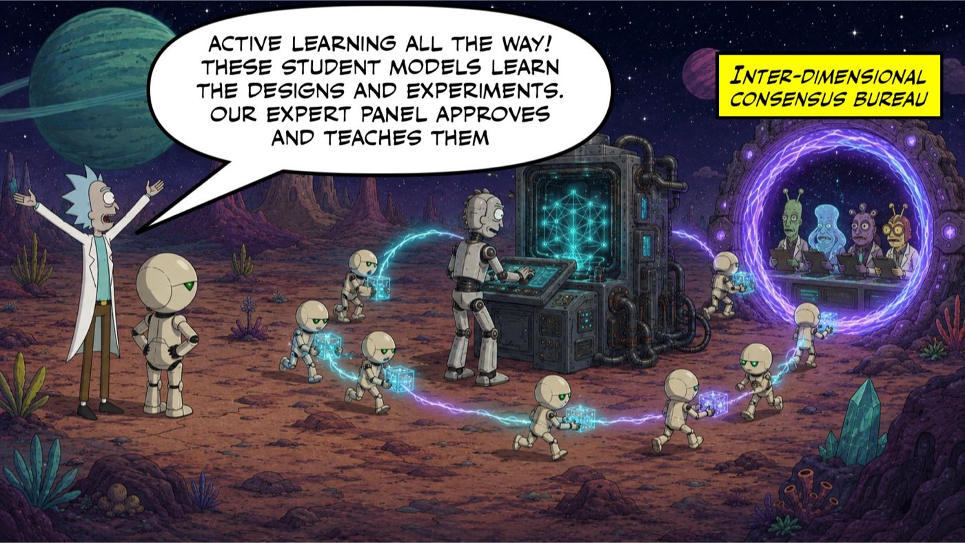 Comic panel: small student robots ferry glowing data cubes between a neural-net machine and an "inter-dimensional consensus bureau" of alien reviewers. Rick explains: "Active learning all the way! These student models learn the designs and experiments. Our expert panel approves and teaches them."