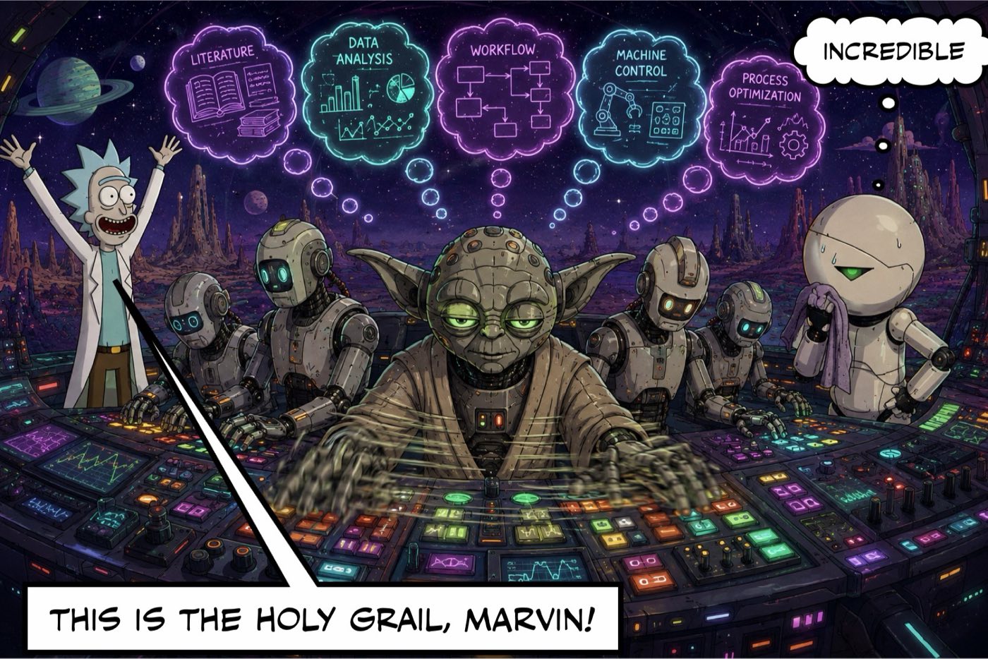 Comic panel: a crowded starship console run by robots, with thought bubbles for literature, data analysis, workflow, machine control and process optimization. Rick throws his arms up — "This is the holy grail, Marvin!" — and Marvin finally admits: "Incredible."